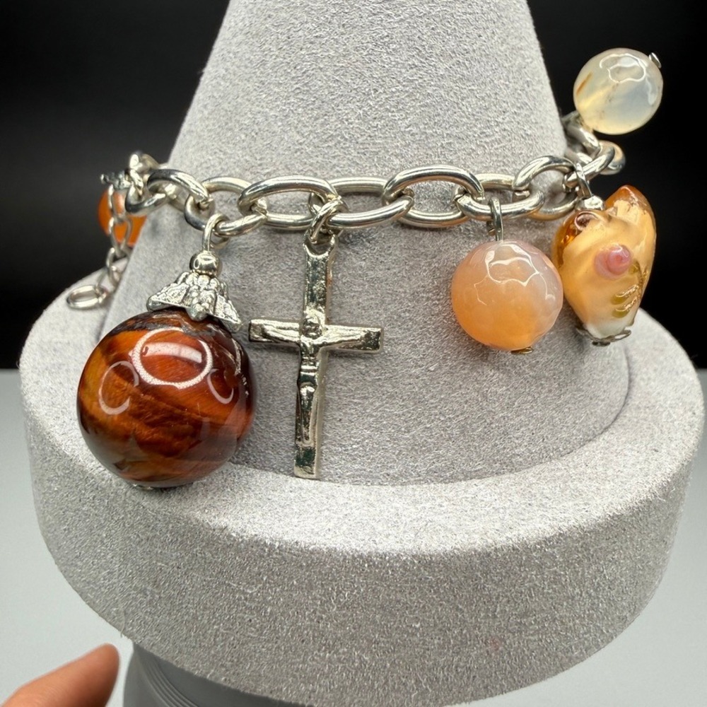 Silver Tone Charm Bracelet Brown Orange Beads Christian Cross Heart